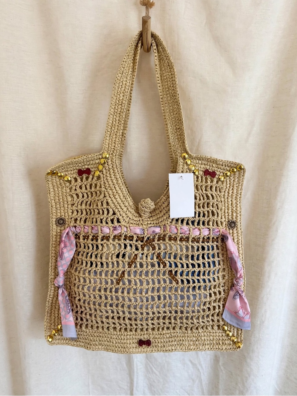 H&M Natural Crochet Tote with Pink Scarf Accents